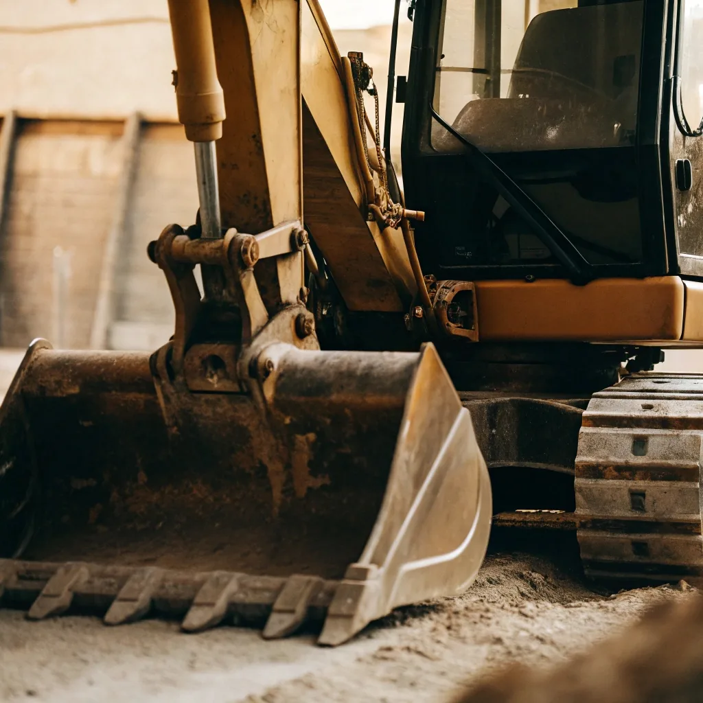 Excavator bucket with teeth and steel track undercarriage